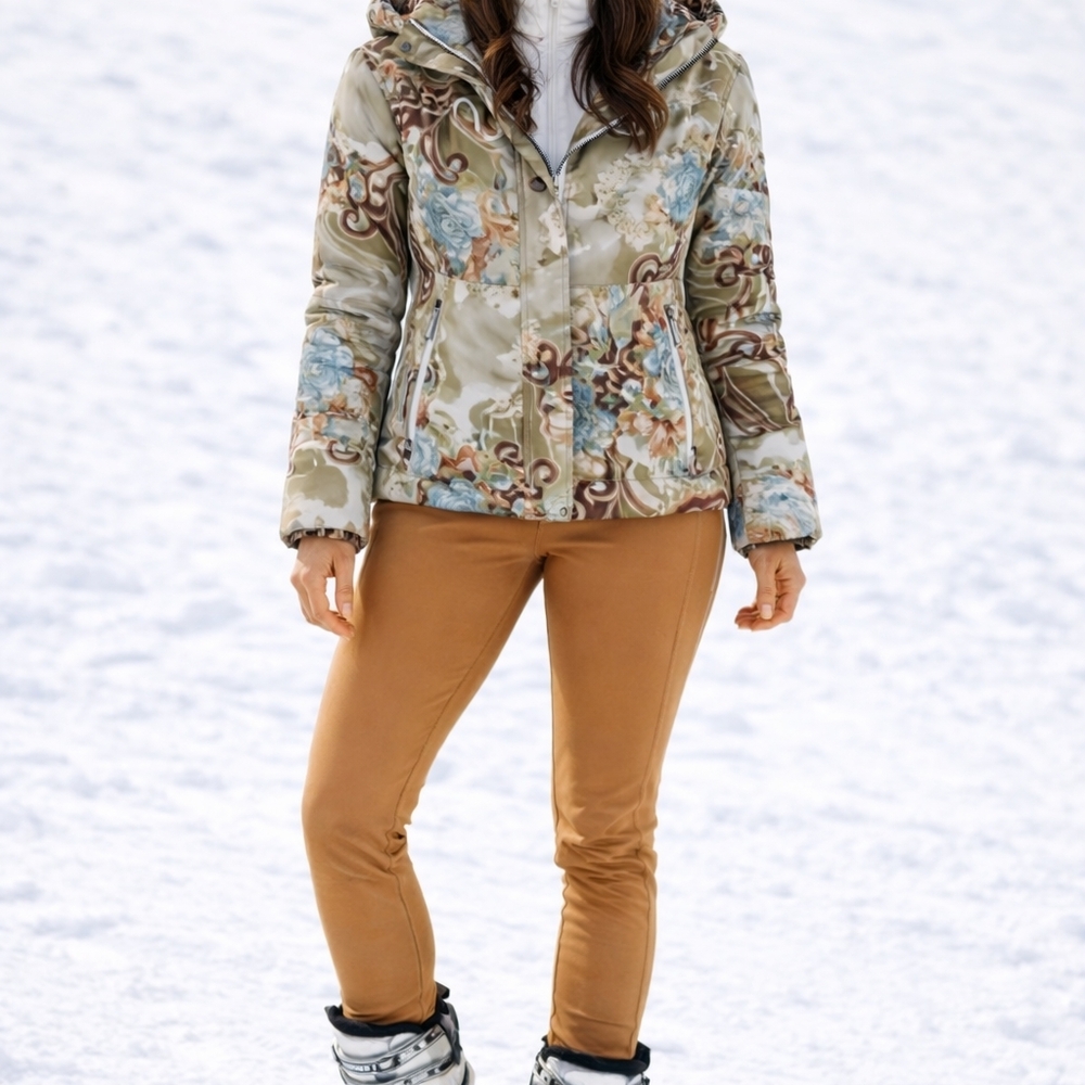 BOGNER Womens Down Cheetah Asian Floral Hooded Ski Jacket Sz Large Ubiq